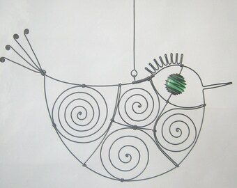 Bird Art Sculpture / Green - Eyed Wire Bird / Window Or Wall Hanging