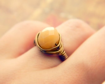 Light Brown Ring, Brown Wire Wrapped Ring, Brown Ring, Rustic Brown Rings, Boho Ring, Light Brown Rondelle, Jewelry Rings, Ring to Order