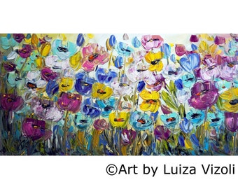 Original Painting Abstract Floral Impasto Oil Large Canvas Summer Flowers by Luiza Vizoli 42x21