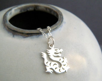sterling silver dragon necklace. small Chinese zodiac symbol Shengxiao sheng xiao tiny spirit animal sign pendant. simple charm jewelry gift