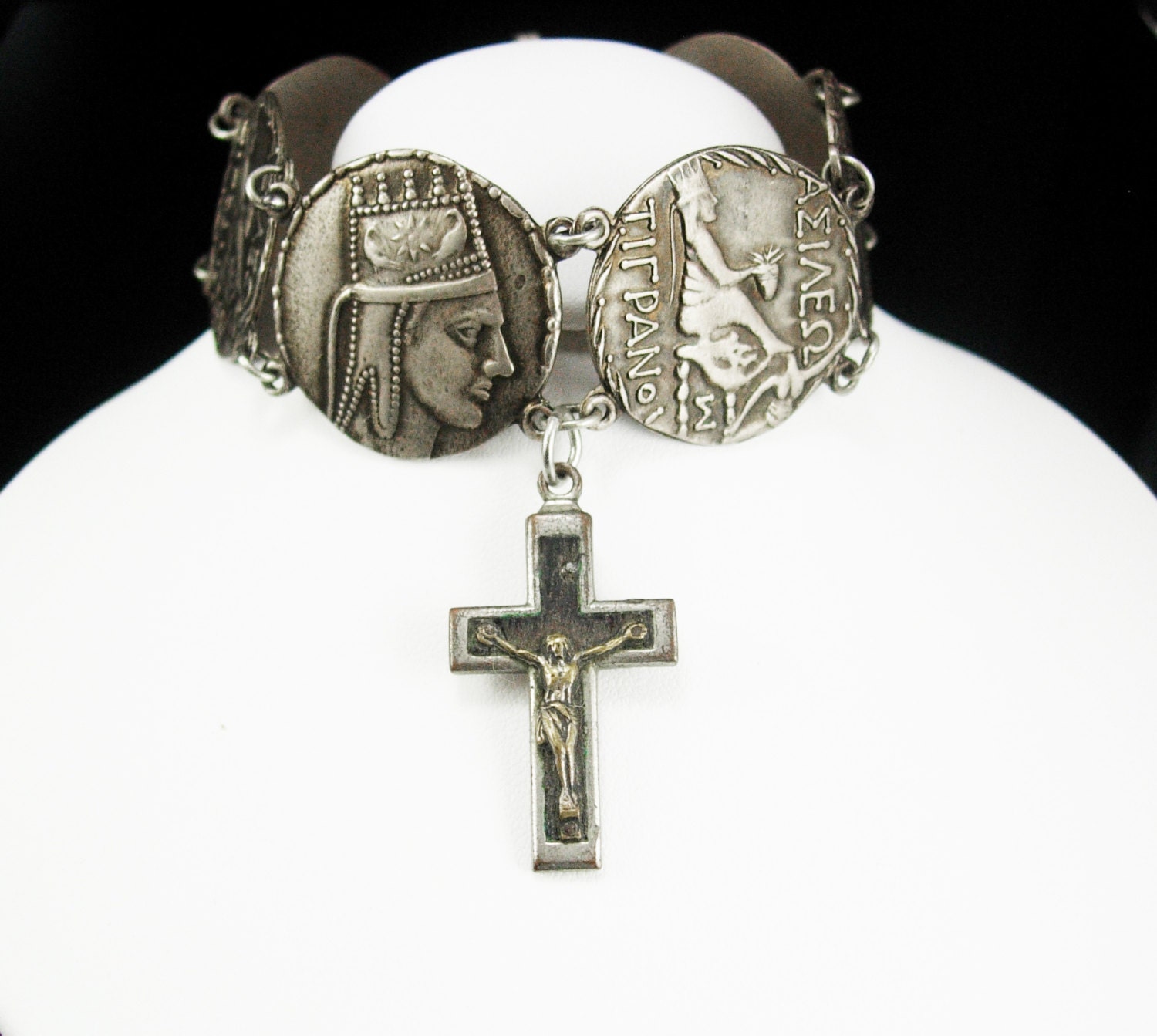 Vintage Greek Religious Bracelet Crucifix Fob charm Ancient