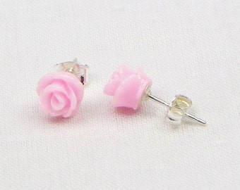 Pink Resin Rose Earrings - Sterling Silver - 7MM - Stud Earrings - Flower Earrings - Resin Earrings - Gift