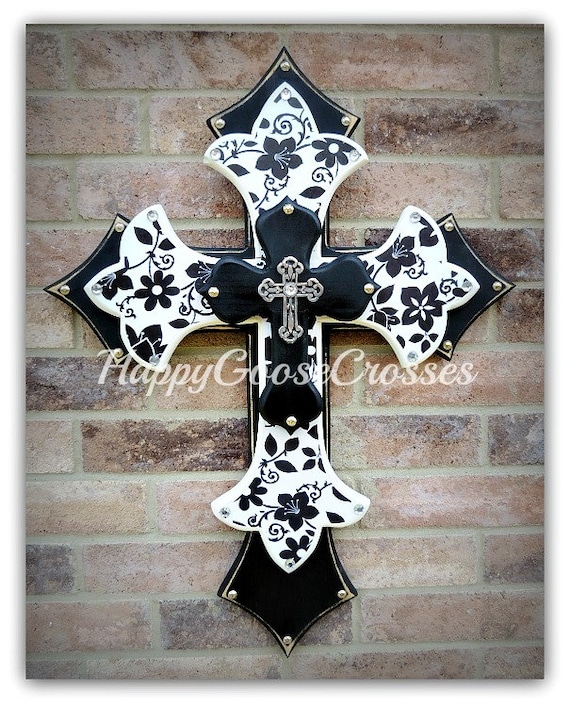 Wall CROSS Wood Cross Large Black & White Floral