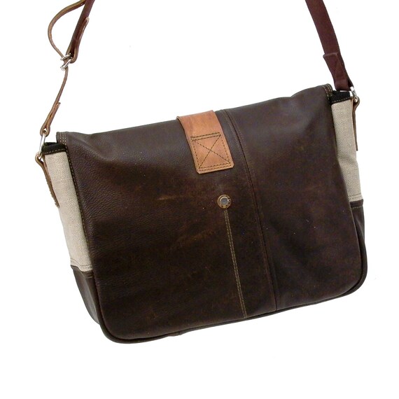 Leather Canvas Messenger Bag Brown Leather Bag Crossbody