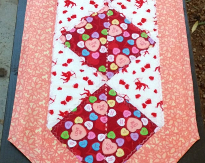 Valentine's Day Table Runner, Red And White, Hearts, Pink Tablecloth, Red Table With Hearts Tablecloth, Handmade Quilt, Quiltsy Handmade