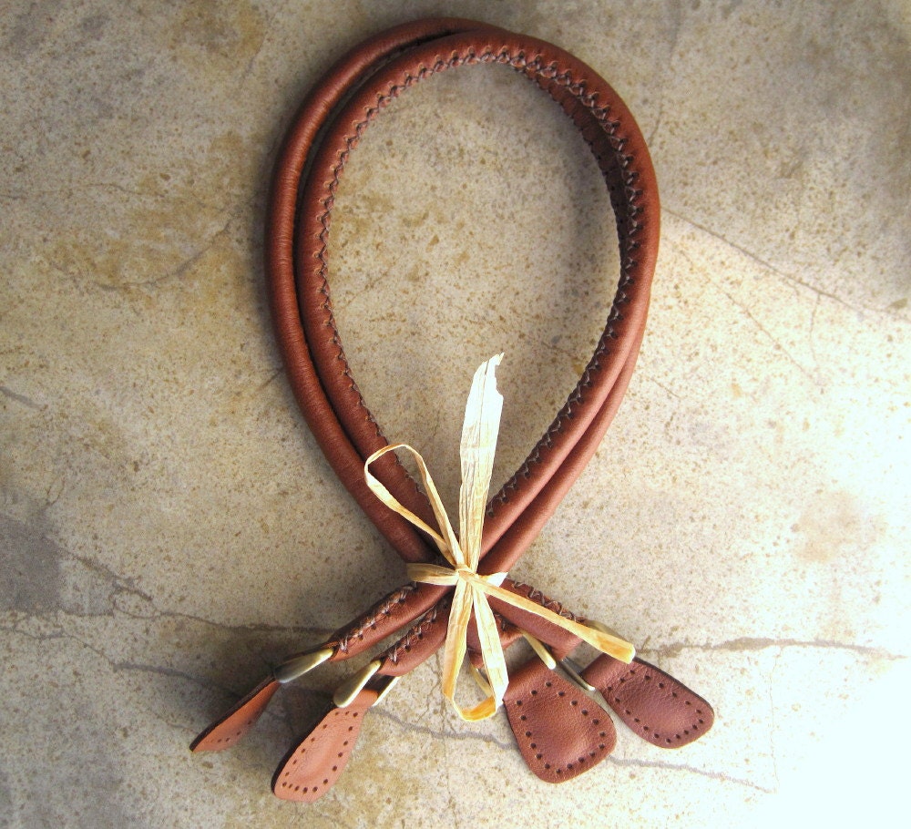Handmade Leather Bag Handles Medium Brown with Antique Brass D