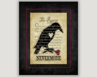 Nevermore, The Raven, Edgar Allan Poe, goth art gift, macabre art, library wall art, bibliophile gift, poetry, Valentine gift, Halloween art