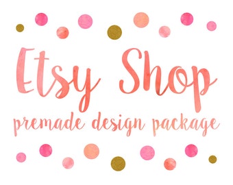 Etsy Shop Design, Etsy Banner Shop Set, Etsy Cover & Shop Icon, Logo Design / Watercolor Polka Dot, Coral Pink Golden Glitter Caligraphy