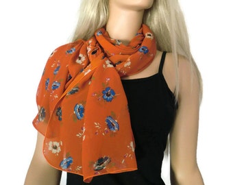 Brick red long floral chiffon scarf -Parisian Neck Tissu