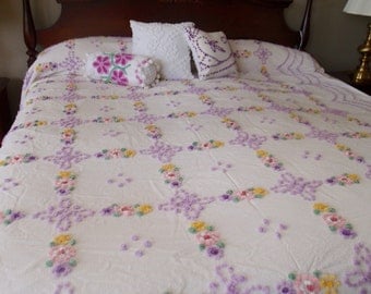 Vintage Chenille Bedspread, hand tufted pastel popcorn, white seersucker with flowers, 89" wide by 103" long - #800-122