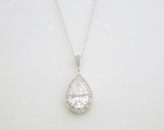 Wedding Necklace Bridal Jewelry Large Clear Cubic Zirconia Necklace Teardrop Pendant Necklace Crystal Drop Necklace Wedding Jewelry, Evelyn