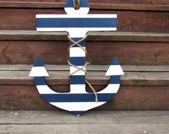 Large Navy and White Stripe Anchor. 2 foot Anchor. Nautical Decor. Beach Decor. Coastal Decor. Lake Decor. Made to Order