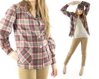 Vintage 50s PENDLETON 49er Jacket Red Gray Plaid Wool Button Up Shirt Blazer 1950s Womens Outerwear Medium M Large L
