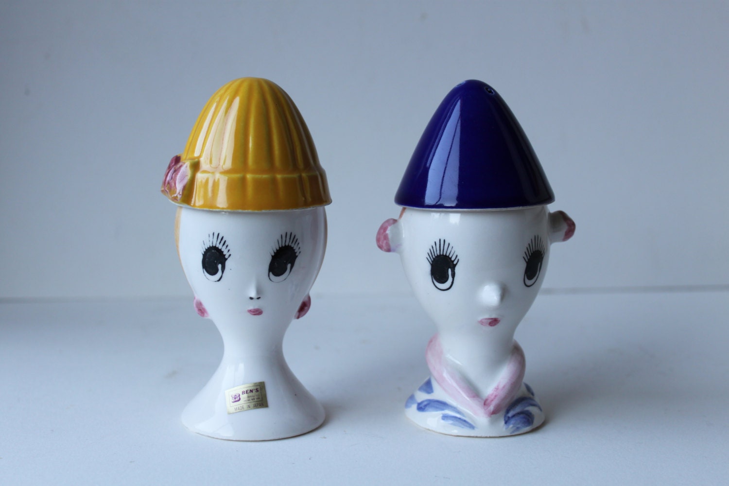 Vintage Egg Cups A Pair with Salt & Pepper Shakers as Hats