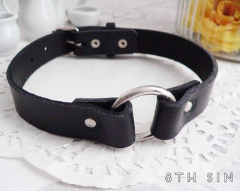Black Leather O Ring Choker, Black O Choker, Black Leather Choker, Leather O Choker, Black O Ring Choker, Black Circle Choker, BDSM Collar