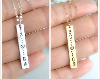 State bar necklace, Two states or provinces, State necklace with heart, Best friend state bar Necklace, Silver vertical bar pendant