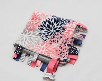 MINI Baby Ribbon Tag Blanket - Minky Binky Blankie - Mod Flower Mums - Coral Grey Navy