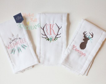 Custom Personalized Girl Rustic Deer Burp Cloth Set - Set of 3