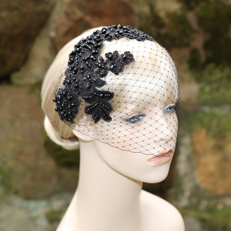 Black Birdcage Veil With Lace Bridal Bridesmaid by JerseyBride