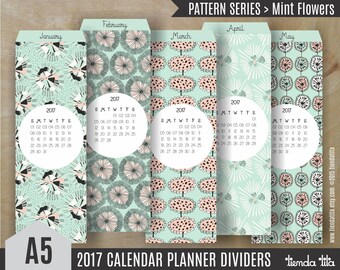 NEW ** Mint Flowers A5 2017 Calendar Dividers | bookmark style dividers with calendar for A5 planners | Set of 12 | printable PDF