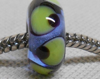 Handmade Lampwork European Charm Bead Transparent Light Blue with Black and Green Dots