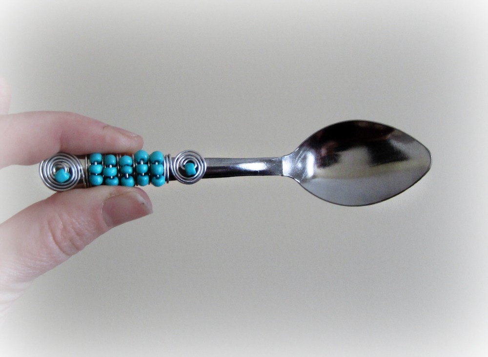 Turquoise Beaded Spoon Hand Wire Wrapped Demitasse Spoon