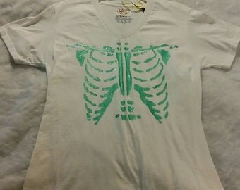 Green - Rib cage - V neck White T-shirt - Pre_washed - Hand painted - One of a kind - Adult Size Medium - Hand Made Ink clothing