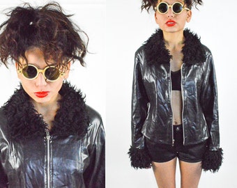 90's Fur Trimmed Vegan Pleather Jacket size - S/M