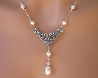 Pearl Necklace Silver Art Nouveau Sterling Silver Anti-Tarnish Cable Chain Women's Wedding Bridal Party Jewelry Gift