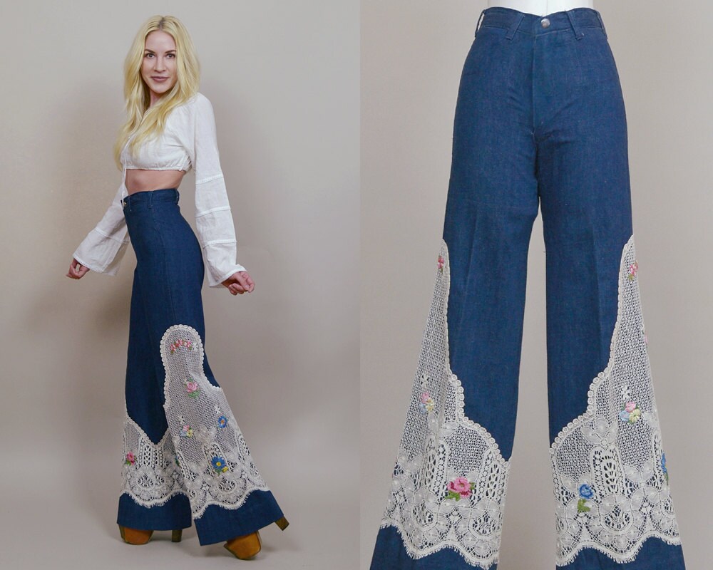 70s Bell Bottoms CROCHET Lace Embroidered Denim 1970s Hippie