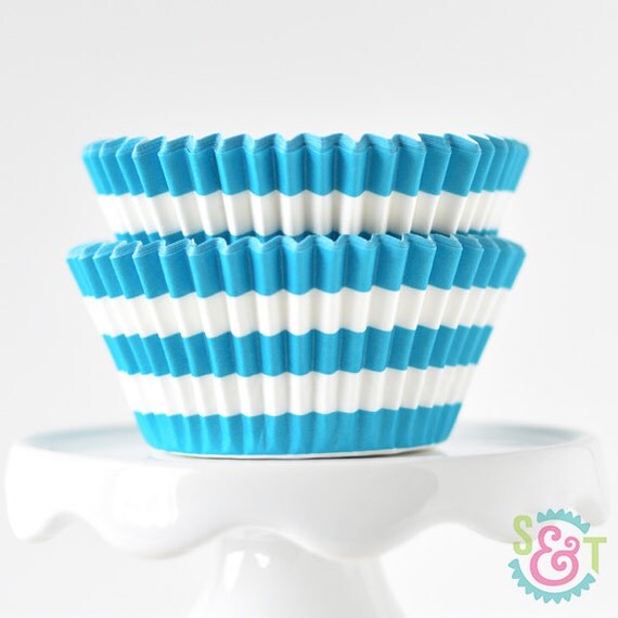 Rugby Stripe Aqua BakeBright GREASEPROOF Baking Cups Cupcake Liners | ~30 Il_570xn