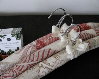 Linen Hangers, Linen Padded Hangers, Floral Padded Hangers, Coral Floral Padded Hangers, Organic Ribbon, Ladies Linen Hangers (Set of 3)
