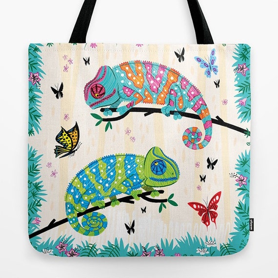 Seeing Spots - Childrens Tote Bag - Book Bag - Record bag - Chameleons and Butterflies - animal /nature / wildlife - art bag - 18" x 18"