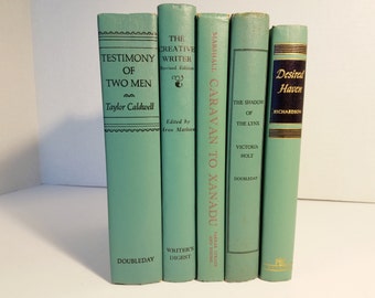 Vintage Set of 5 Blue Green Books; Old Decorative Books; Home or Wedding Decor; Instant Library; Photo Prop