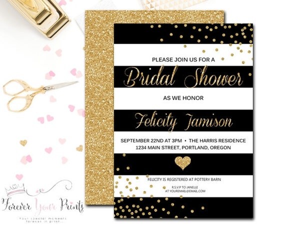 Striped BLACK +WHITE Bridal Shower Invitation - Striped Bridal Shower Invite - Wedding Shower Invitations - Engagement Invitation - Glitter Il_570xn