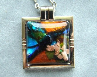 Fused glass square pendant, One-of-a-kind pendant