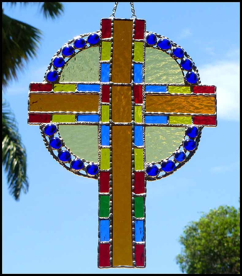 Stained Glass Suncatcher Christian Cross Gold Blue