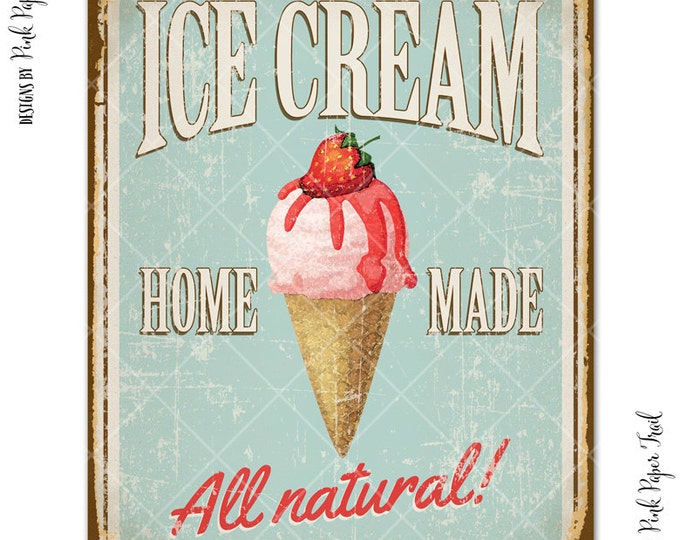 Vintage Ice Cream Sign, Party Decor, Ice Cream Social, Ice Cream Parlour Party, Creamery, Instant Download, Print Your Own