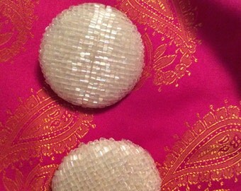 Big beaded clip on earrings aurora borealis beads/White