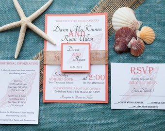 Beach Wedding Invitation, Destination Wedding Invitation, Burlap Wedding Invitation, Sea Shell Wedding Invitaton, Custom Wedding
