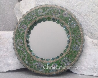 Green Mosaic Mirror, Round Mosaic Mirror, Home Decor, Greens and Gold Mirror, Teen Decor