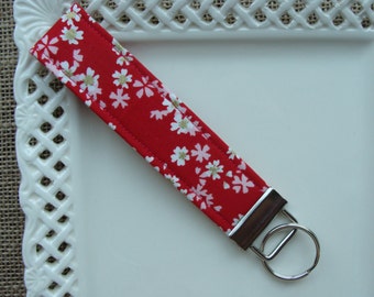 Wristlet / Key Chain - CHERRY BLOSSOMS on Red
