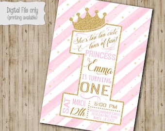 First Princess Birthday Invitation / Gold Glitter Birthday Invitation / 1st Girl's Birthday Invitation / One, Pink, White, Gold, watercolor