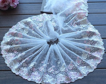 2 Yards Lace Trim Light Pink Rose Flowers Embroidered Tulle Lace 7 Inches Wide High Quality