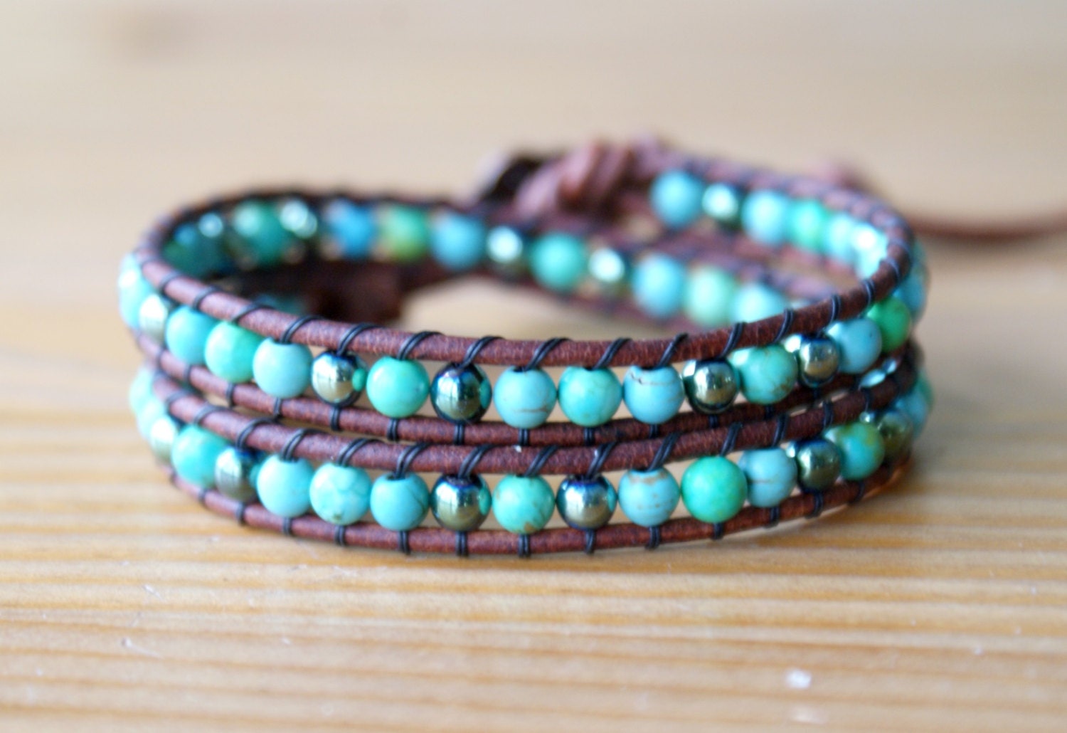 Bohemian beaded leather wrap bracelet Blue Green by OlenaDesigns