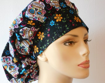 Fokloric Skull and Flowers Scrub Hats-Bouffant Surgical Scrub Hat- and Flowers-Scrub Caps-Medical Scrub Hats-Womens Scrub hat-SilverCaps