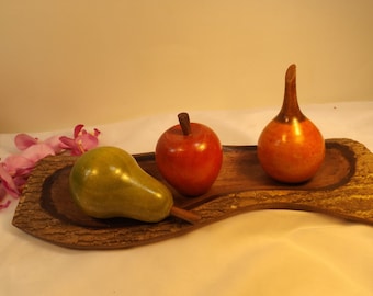 Wooden fruits on the wooden tray.Gift. Home decor still life