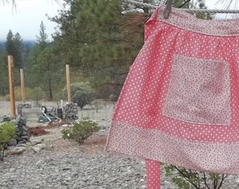 Woman's Half Cotton Apron in Pink Polka Dots and Pink Calico