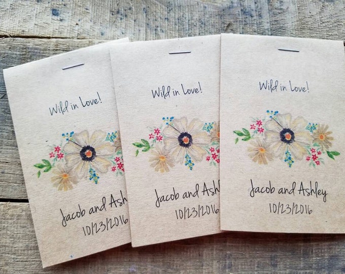 Brand New! RUSTIC Wildflower Seeds Wild in Love Flower Seed Packet Favor Shabby Chic Cute Favors for Bridal Shower or Wedding!