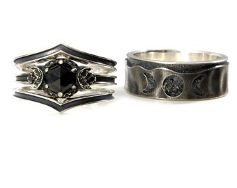 His and Hers Moon Phase Ring Set - Black Spinel and Black Diamonds